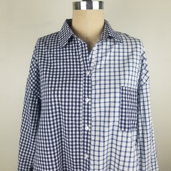 O & O Oversized Plaid Blue White Long Sleeve Shirt - Picture 2 of 10